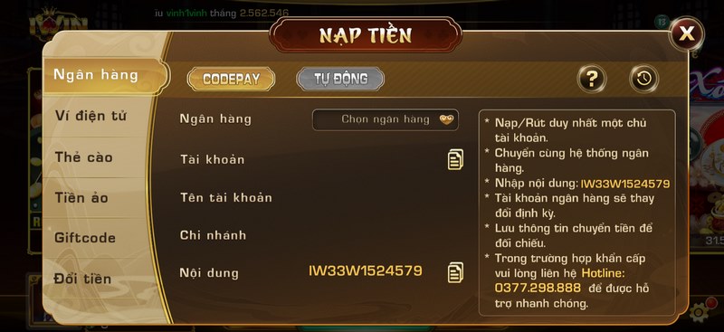 Giao diện nạp tiền cực dễ hiểu tại cổng game