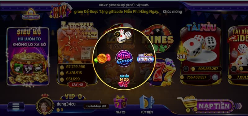 Mini game có tại Rikvip