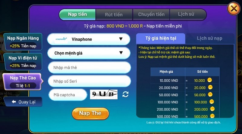 Nhiều phương thức nạp tiền được đưa ra để hội viên chọn lựa