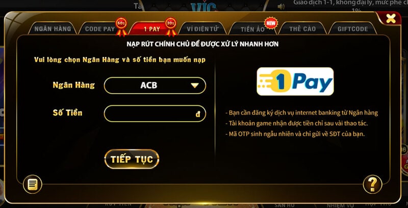 Hướng dẫn cách nạp tiền đơn giản tại Vic club