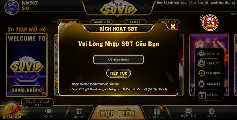 Hướng dẫn kích hoạt số điện thoại tại cổng game Suvip