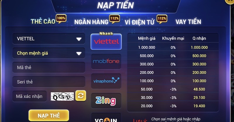 Nạp tiền Thanquay247 Vip